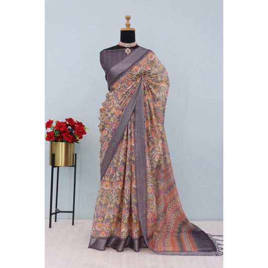 Generic Women's Linen Digital Print Saree With Unstitched Blouse 5.5Mtr (Grey)