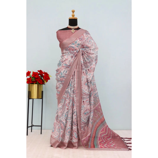 Brown Linen Digital Print Saree