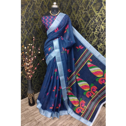 Blue Cotton Linen Digital Printed Saree