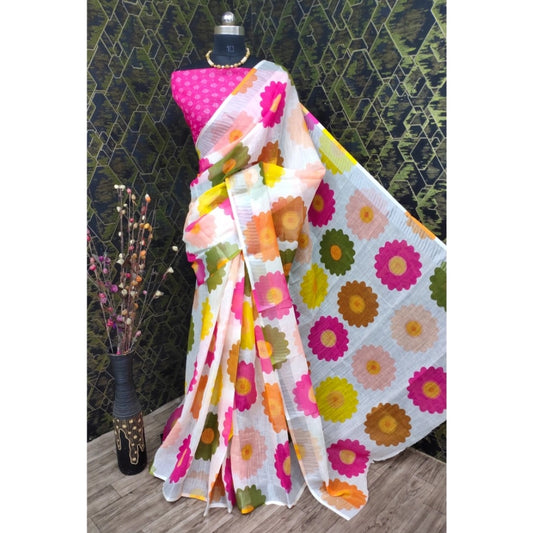 Floral Print Cotton Linen Pink Saree