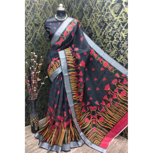 Black Cotton Linen Digital Floral Printed Saree