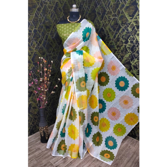 Floral Print Cotton Linen Green Saree