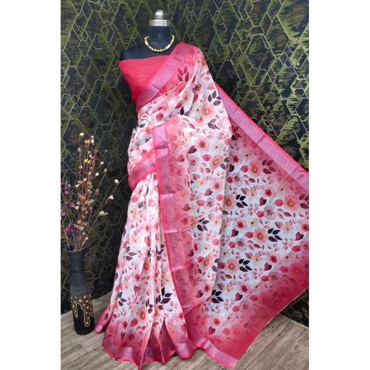 Floral Print Cotton Linen Red Saree