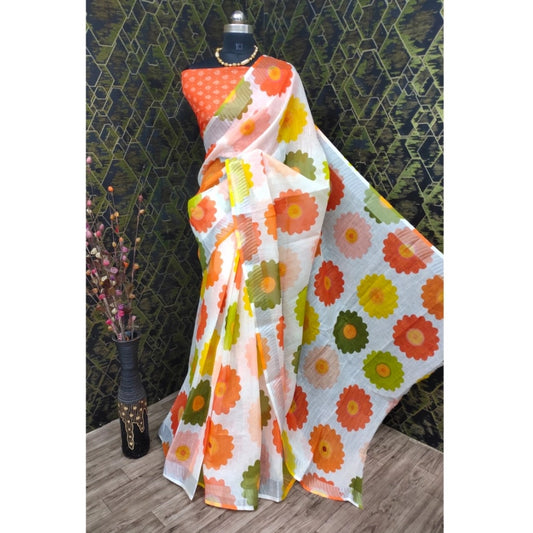 Floral Print Cotton Linen Orange Saree