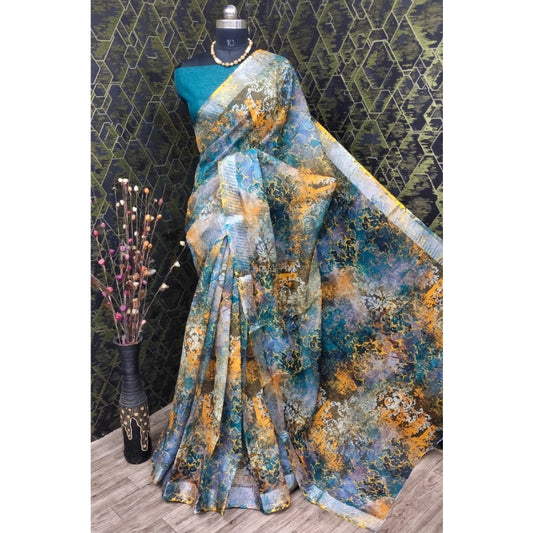 Blue Cotton Linen Printed Saree