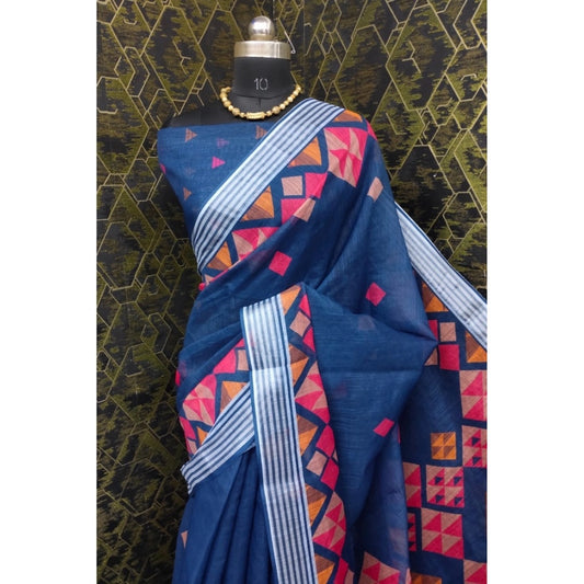 Blue Cotton Linen Geometric Digital Printed Saree