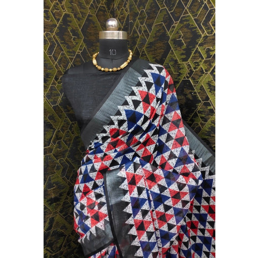 Black Cotton Linen Printed Saree
