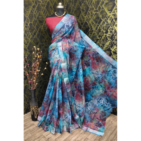 Blue Cotton Linen Printed Saree
