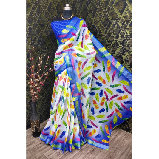 Feather Print Cotton Linen Blue Saree