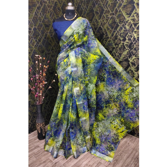 Blue & Green Cotton Linen Printed Saree