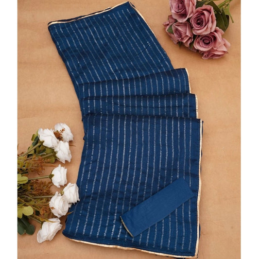 Blue Vichitra Silk Striped Saree