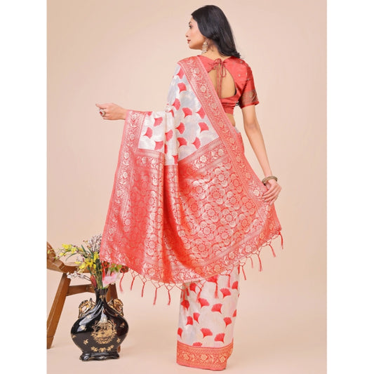 Red Linen Cotton Printed Saree