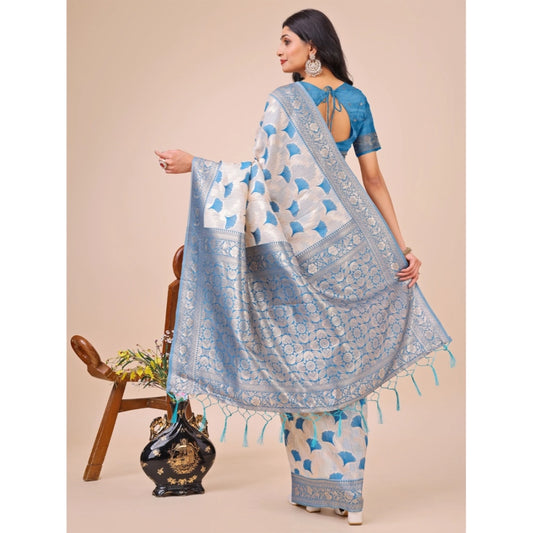 Sky Blue Linen Cotton Printed Saree