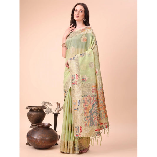 Light Green Linen Cotton Printed Saree