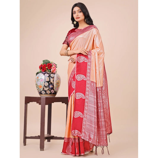 Peach & Maroon Lichi Silk Printed Saree