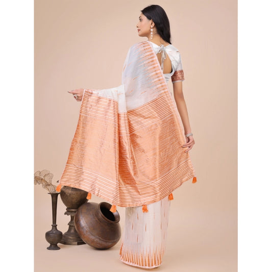 White Linen Cotton Printed Saree