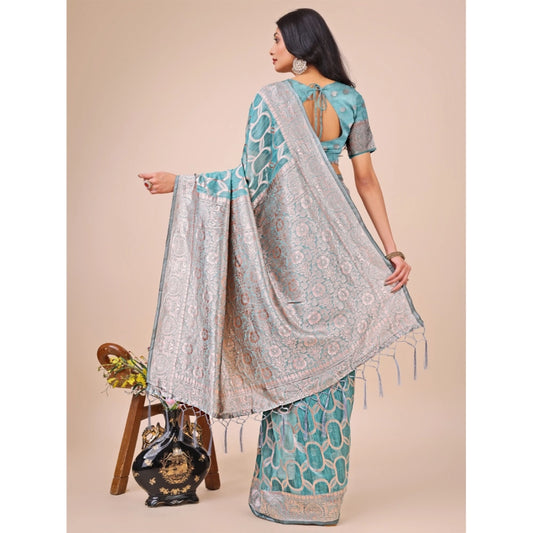 Teal Linen Cotton Printed Saree
