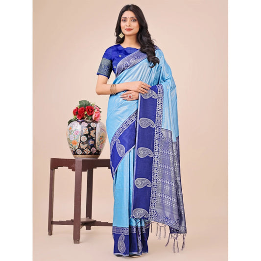 Sky Blue Lichi Silk Printed Saree
