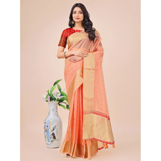 Peach Organza Printed Saree
