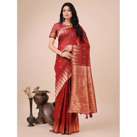 Red Linen Cotton Printed Saree