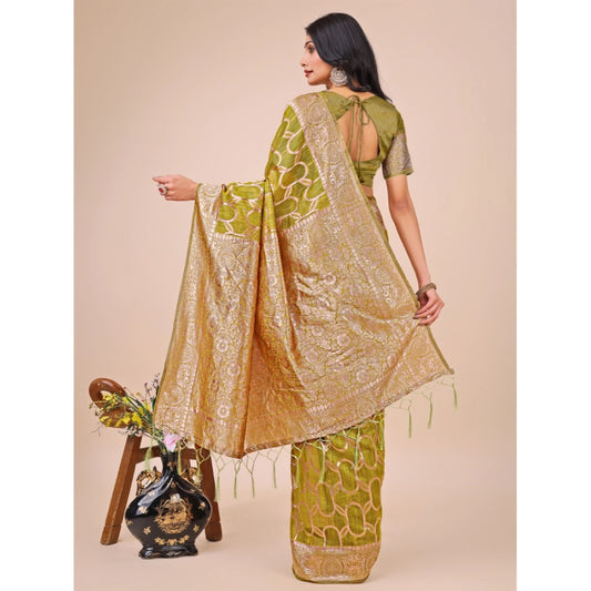 Olive Green Linen Cotton Printed Saree