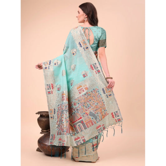 Sky Blue Linen Cotton Printed Saree