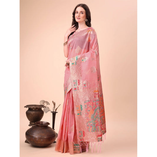 Pink Linen Cotton Printed Saree