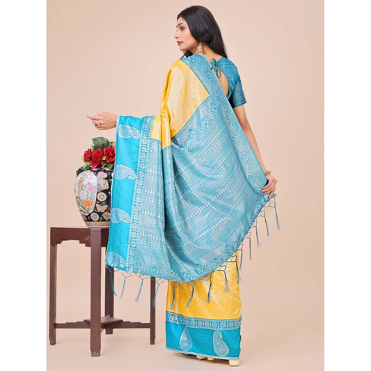 Yellow Lichi Silk Printed Saree