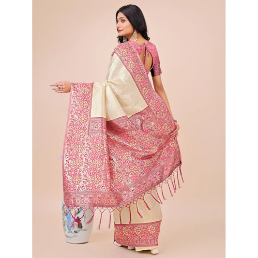 Cream Lichi Silk Printed Saree