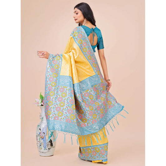Yellow Lichi Silk Printed Saree