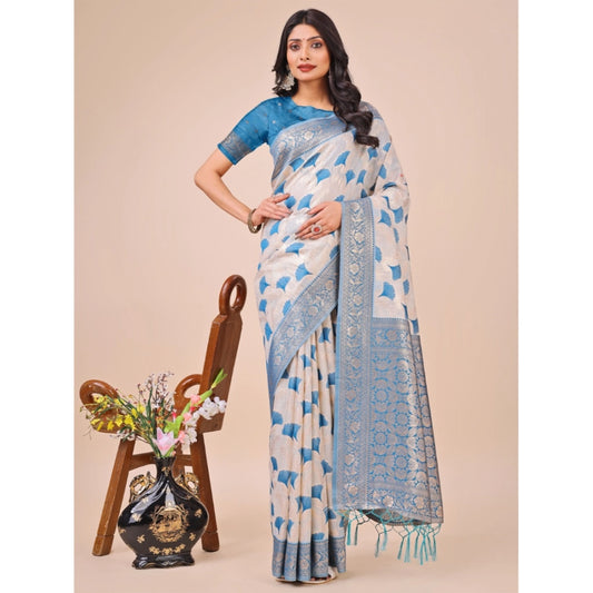 Teal Linen Cotton Printed Saree