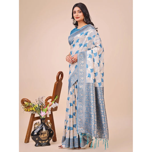 Sky Blue Linen Cotton Printed Saree