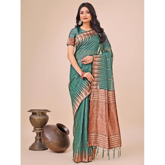 Green Linen Cotton Printed Saree