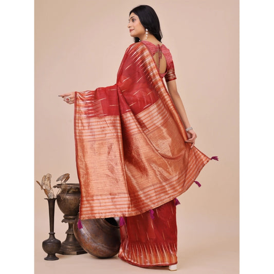 Red Linen Cotton Printed Saree