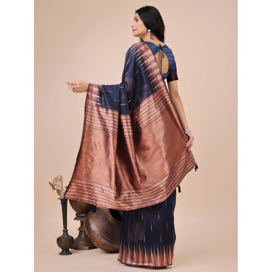 Navy Blue Linen Cotton Printed Saree