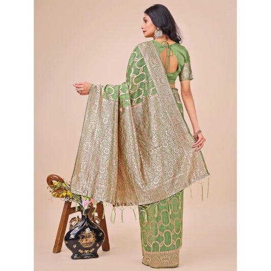 Green Linen Cotton Printed Saree