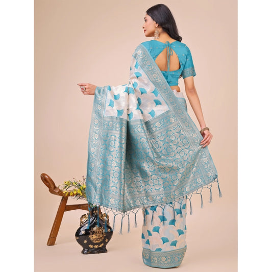 Teal Linen Cotton Printed Saree