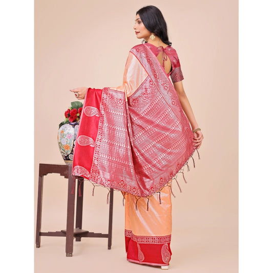 Peach & Maroon Lichi Silk Printed Saree