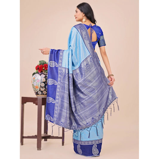 Sky Blue Lichi Silk Printed Saree