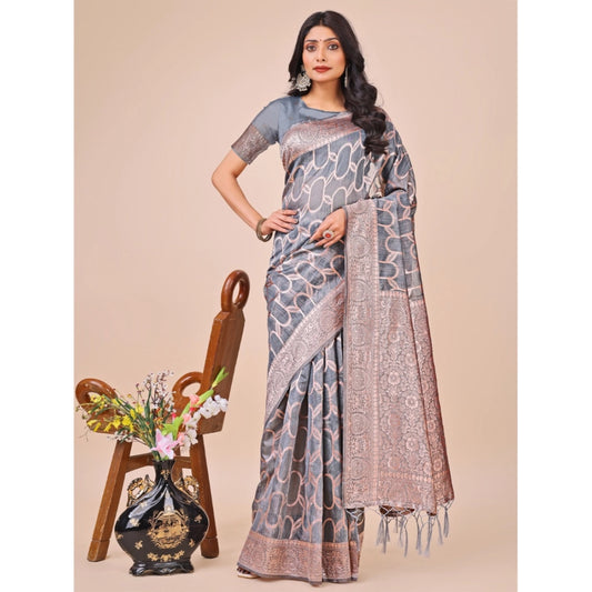 Grey Linen Cotton Printed Saree