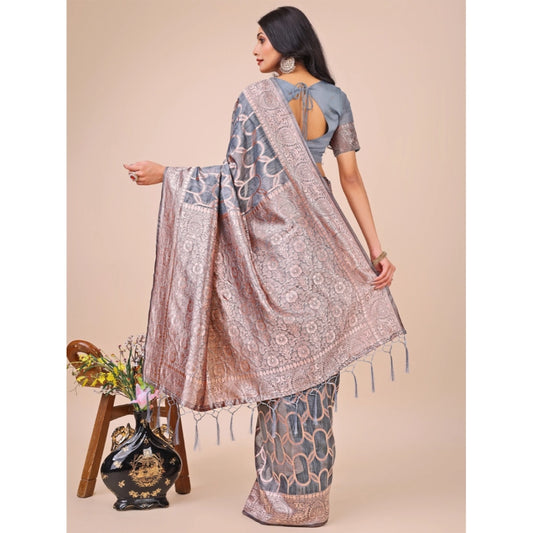 Grey Linen Cotton Printed Saree