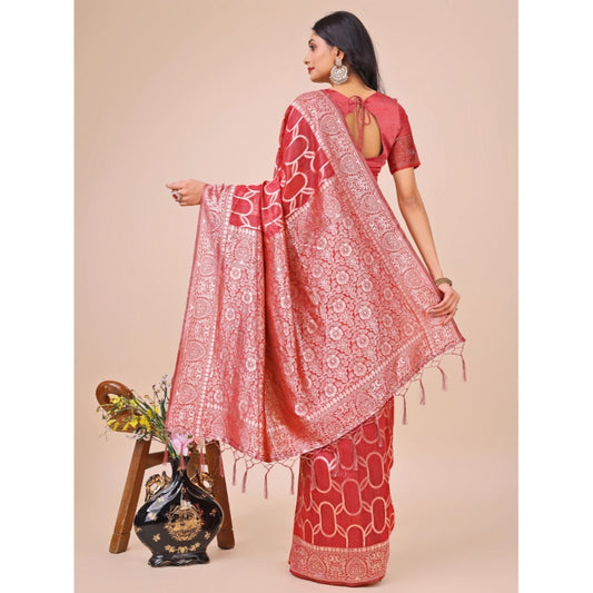 Red Linen Cotton Printed Saree