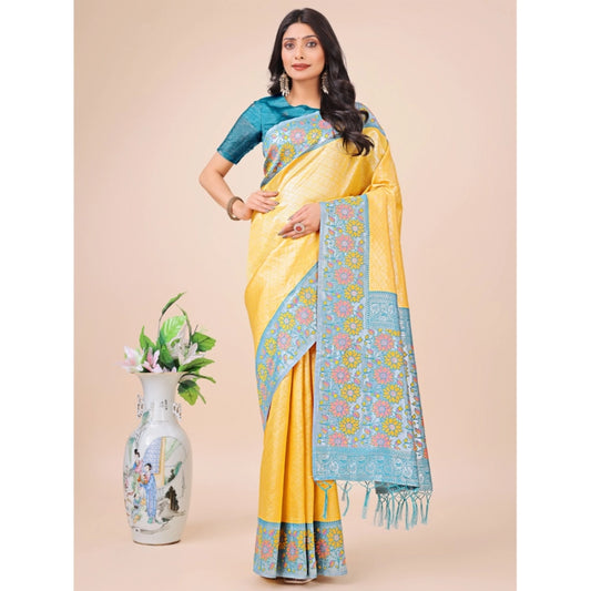 Yellow Lichi Silk Printed Saree
