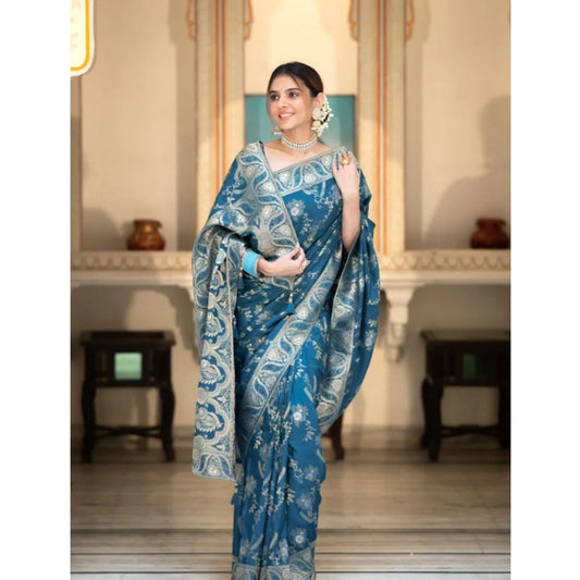 Teal Blue Silk Printed Saree
