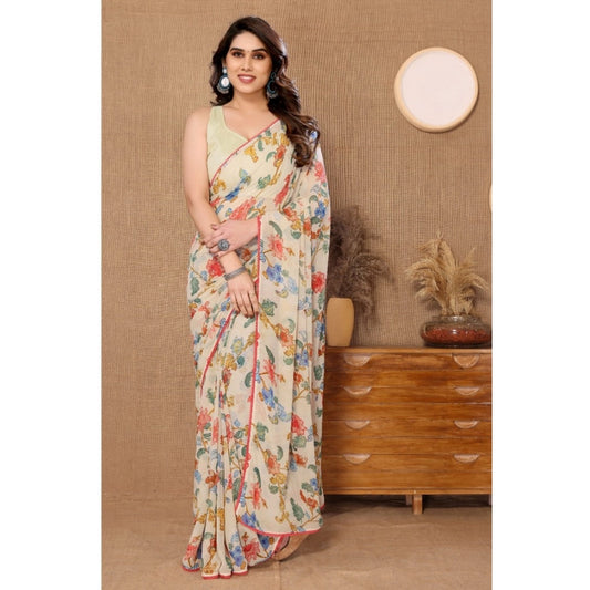 Off-White Floral Georgette Saree