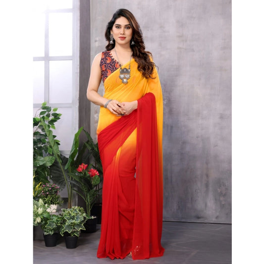 Red-Orange Georgette Solid Saree