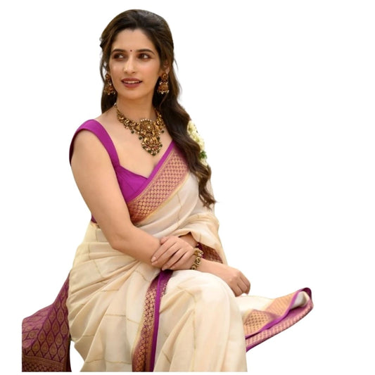 Off White Pink Silk Printed Saree
