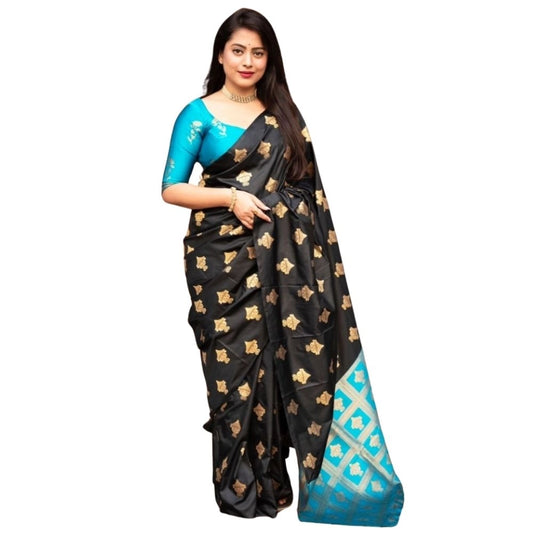 Black & Sky Blue Silk Printed Saree