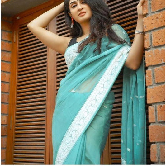Sky Blue Cotton Printed Saree