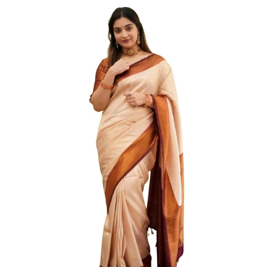 Cream Silk Printed Saree